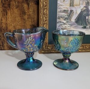 Vintage Indiana Blue Iridescent Glass Creamer and Sugar Set